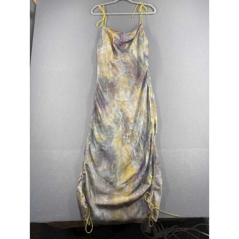 NWOT O.P.T. Dress Womens L Yellow Purple Tie Dye Cowl Neck Ruched Side Zip